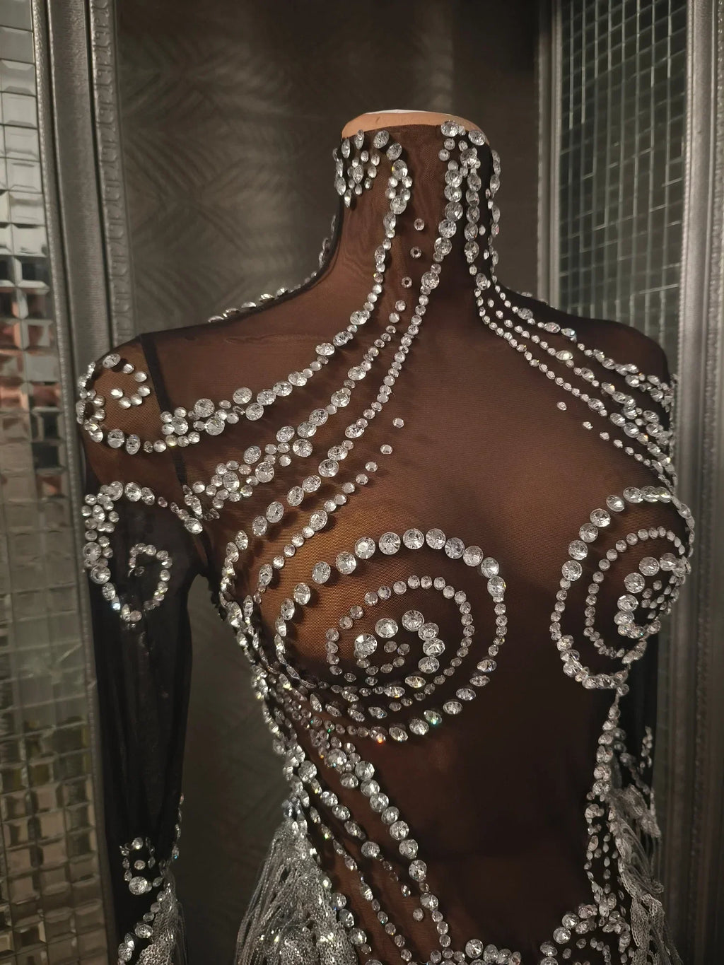 Carbondale Sparkly Rhinestone Tassel See Through Mesh Mini Dress