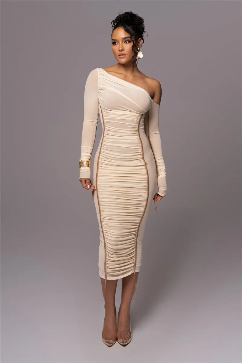 Dyker Heights Diagonal Collar Long Sleeve Mesh Backless Ruched Bodycon Midi Dress