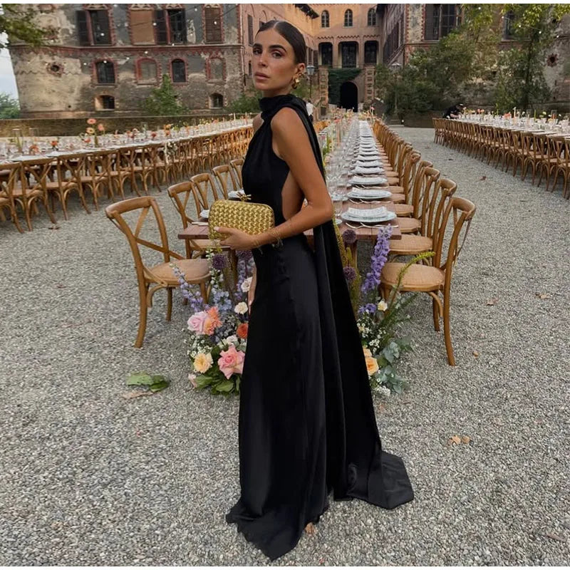 Califon Sexy Satin Ribbon Party Elegant Halter Backless Off Shoulder Sleeveless Maxi Dress