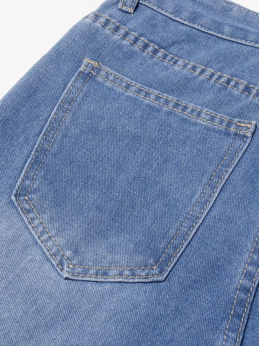 Old Bridge Solid Slimming Hollow Out Denim High Waist Spliced Button Jeans