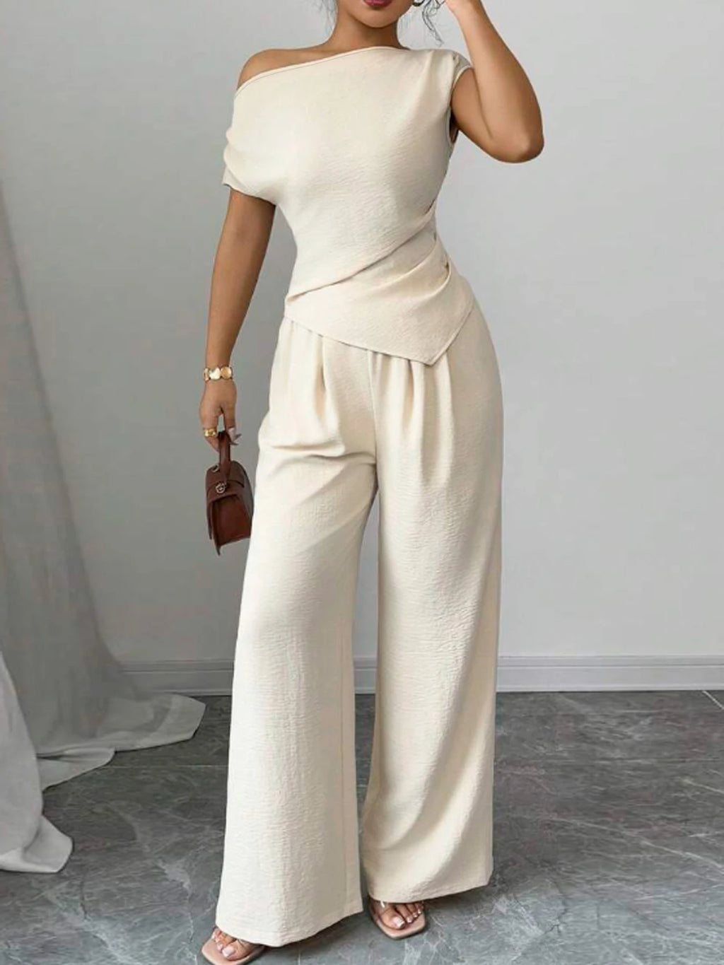 Sandy Elegant Pure Color Ladies Asymmetric Two Piece Sets