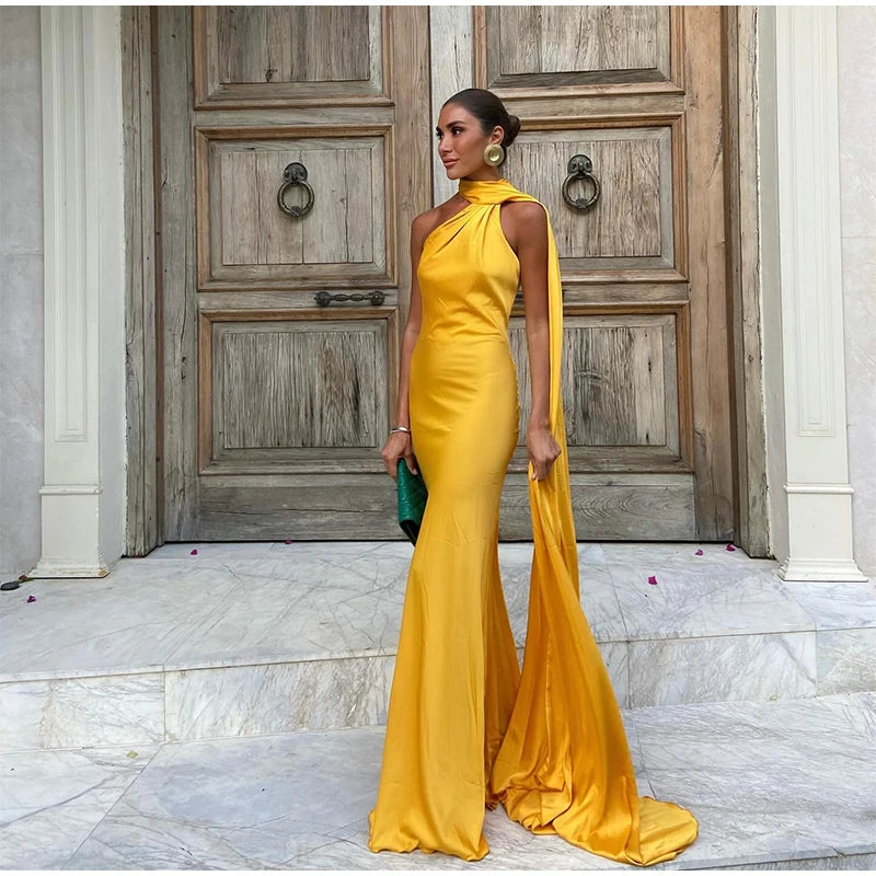 Califon Sexy Satin Ribbon Party Elegant Halter Backless Off Shoulder Sleeveless Maxi Dress