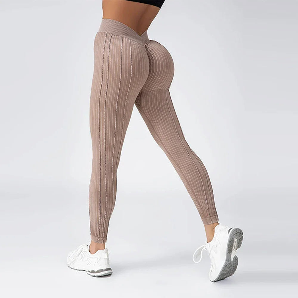 Andober Striped V Back Fashion Gym Outdoor Fitness Athletic Workout Elastic Leggings