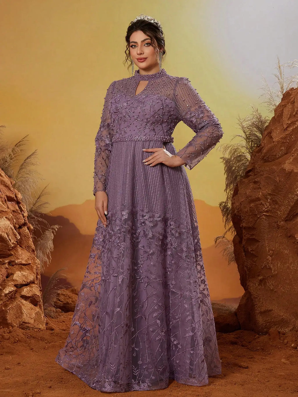 La Perla Elegance Plus Size Long Sleeve Embroidery Lace with Rhinestones Maxi Dress