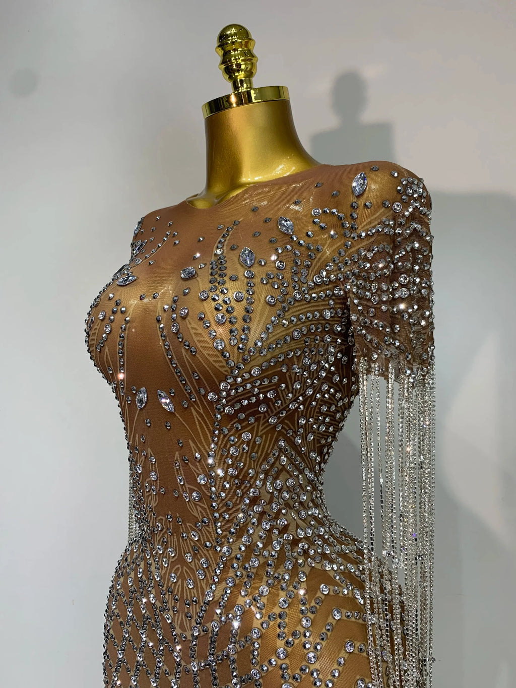 Bedford Luxury Sparkly Rhinestones Tassel Transparent Mesh Stretch Long Dress