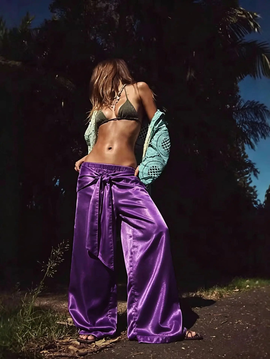 Boca Chica Tie Waist Foil Satin Wide Leg Boho Lazy Casual High Waist Pants