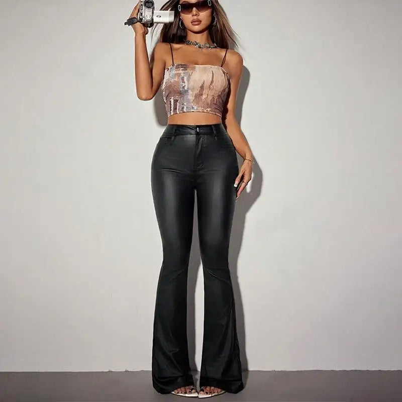 Liboa High Waist Slimming PU Leather Micro Flared Dragging Ground Casual Pants