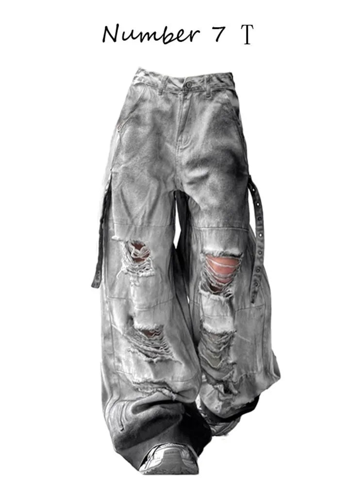 Jeans American High Street Ripped Straight Wide-Leg Jeans For Women Design