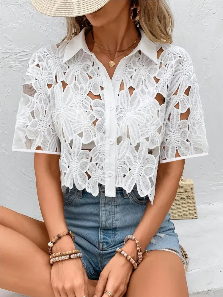 Seven Mile Lace Stylish Elegant Casual Holiday Party Hollow Shirts