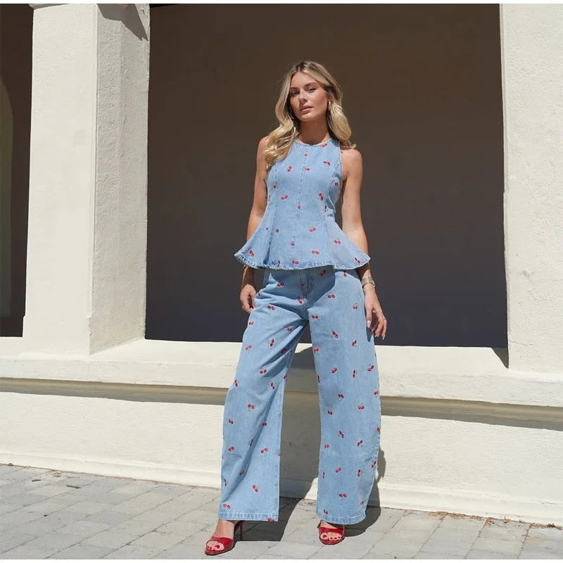 Viviana Denim Printed Sleeveless Two Piece Sets
