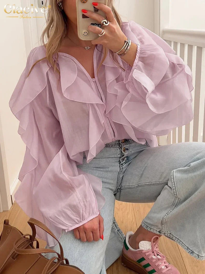 Slatington V-Neck Long Sleeve Elegant Classic Ruffle Solid Top