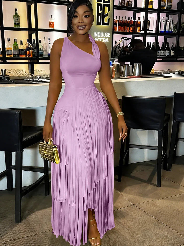 Sexy One Shoulder Red Tassel Dress Luxury Sleeveless Fringe Maxi Dress