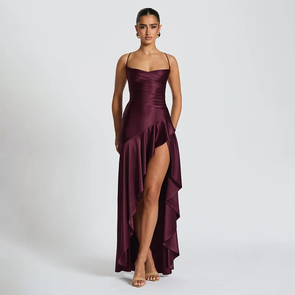 Stony Point Satin Long Dr with High Slit And Lace Trim Charming Dress