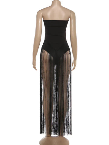 Woodhaven Strapless Patchwork Tassel Sexy Beach Clubwear Midnight Romper