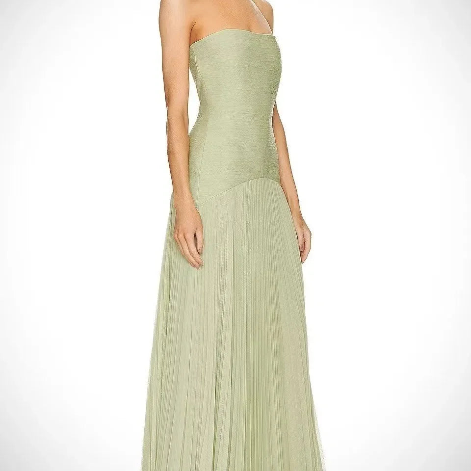 Bolair Strapl Pleated Dr Ribbed Fabric Long Elastic Waist Gored Dress