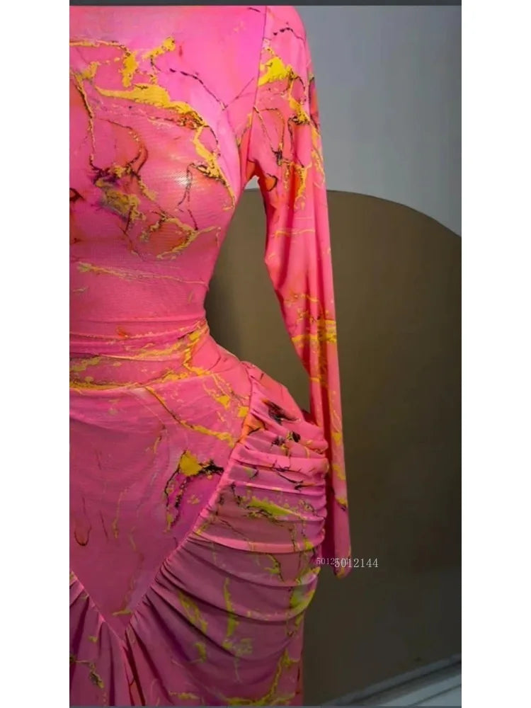Kissimmi Tie Dye Printed Stacked Ruched Long Sleeve Bodycon Maxi Long Dress