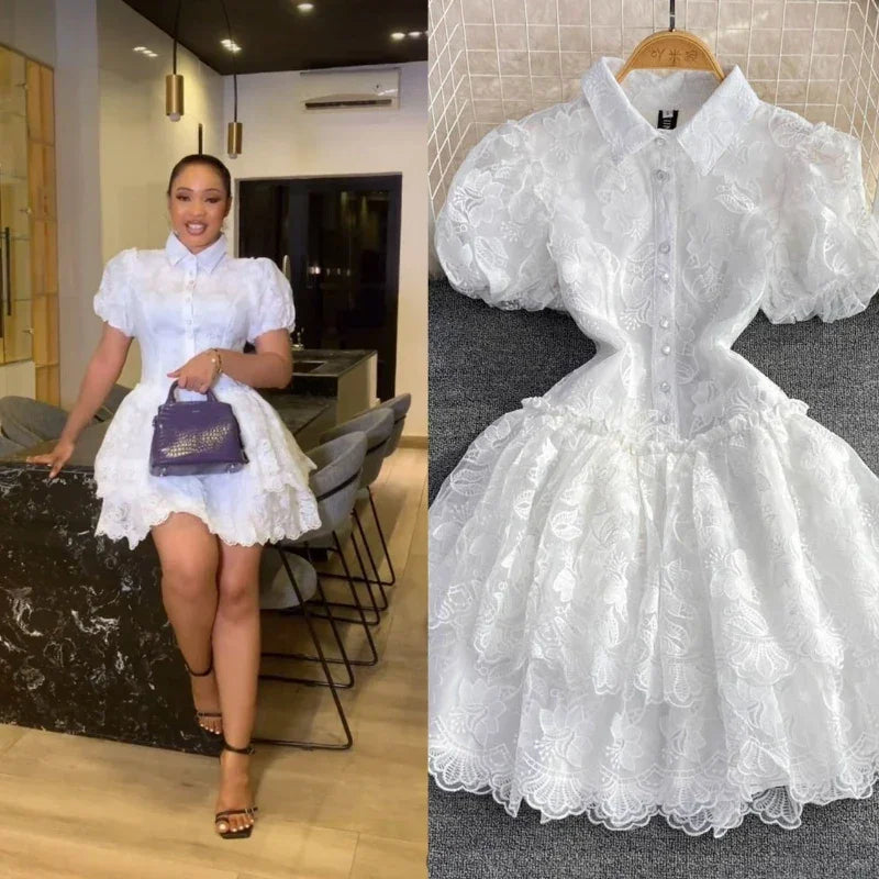 Lyndhurst Vintage Lace Gown Turn Down Collar Puff Sleeve Mini Dress