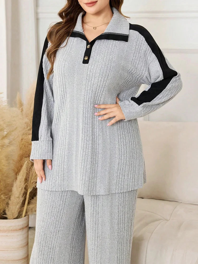 Ana Plus Size Open Collar Long Sleeve Rib-knit Two Piece Sets