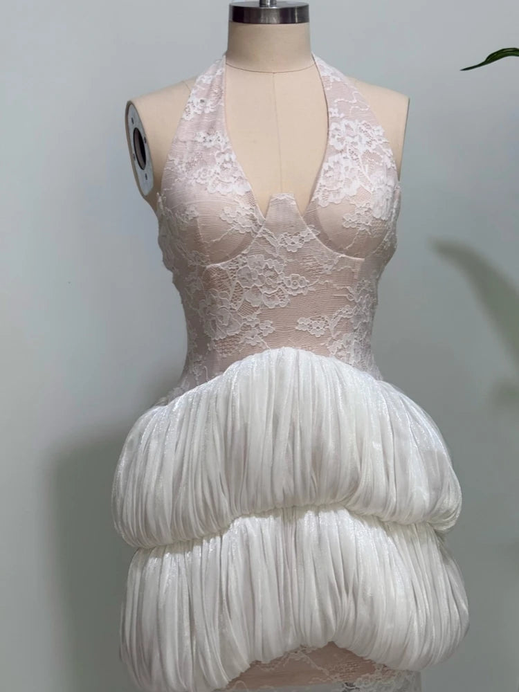 Cotui Sexy Halter Neck Lace Patchwrok Tiered Ruffles Long Backless Slim Dress