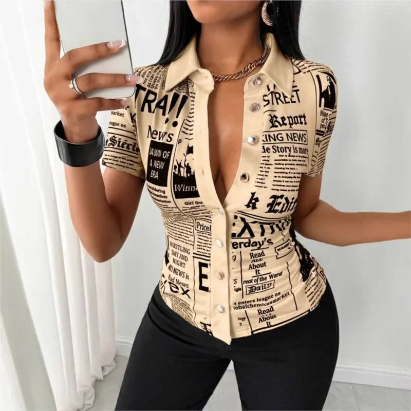 Pluto Elegant Fashion Newspaper Pattern Print Single Breasted Short Sleeve Tops
