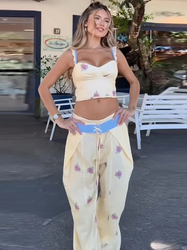 Hilda Floral Print Lace Up Wide Leg Two Piece Sets