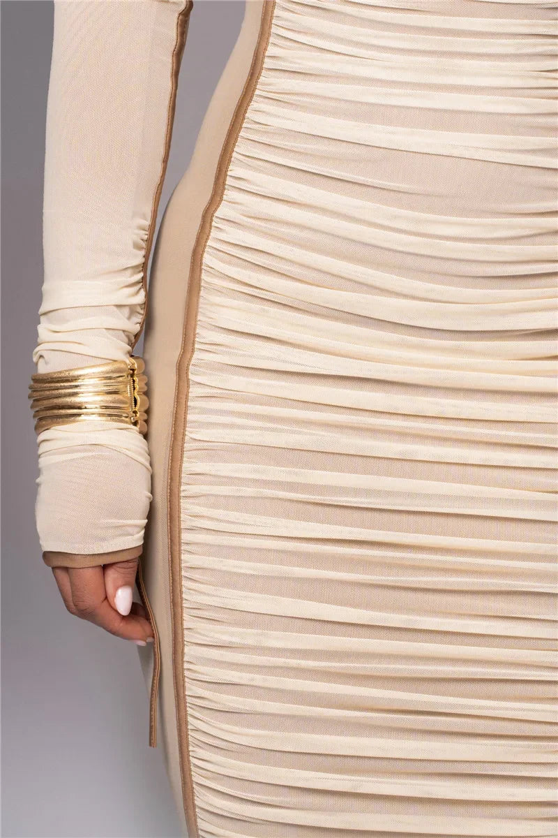 Dyker Heights Diagonal Collar Long Sleeve Mesh Backless Ruched Bodycon Midi Dress