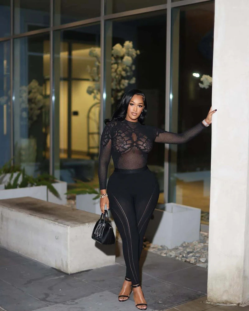 Alicia Floral Lace Mesh Long Sleeve Two Piece Sets