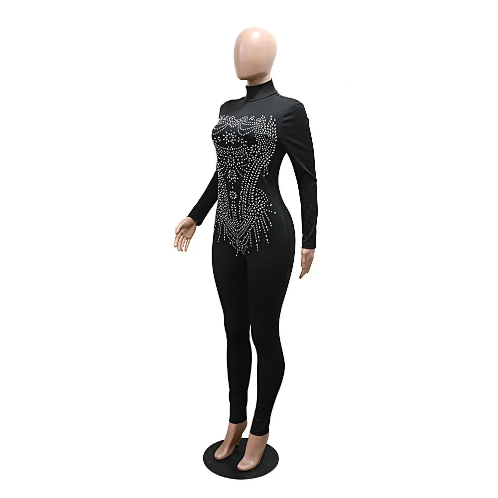 Upper East Sexy Rhinestone Patchwork Solid See Through Sparkling Jumpsuit