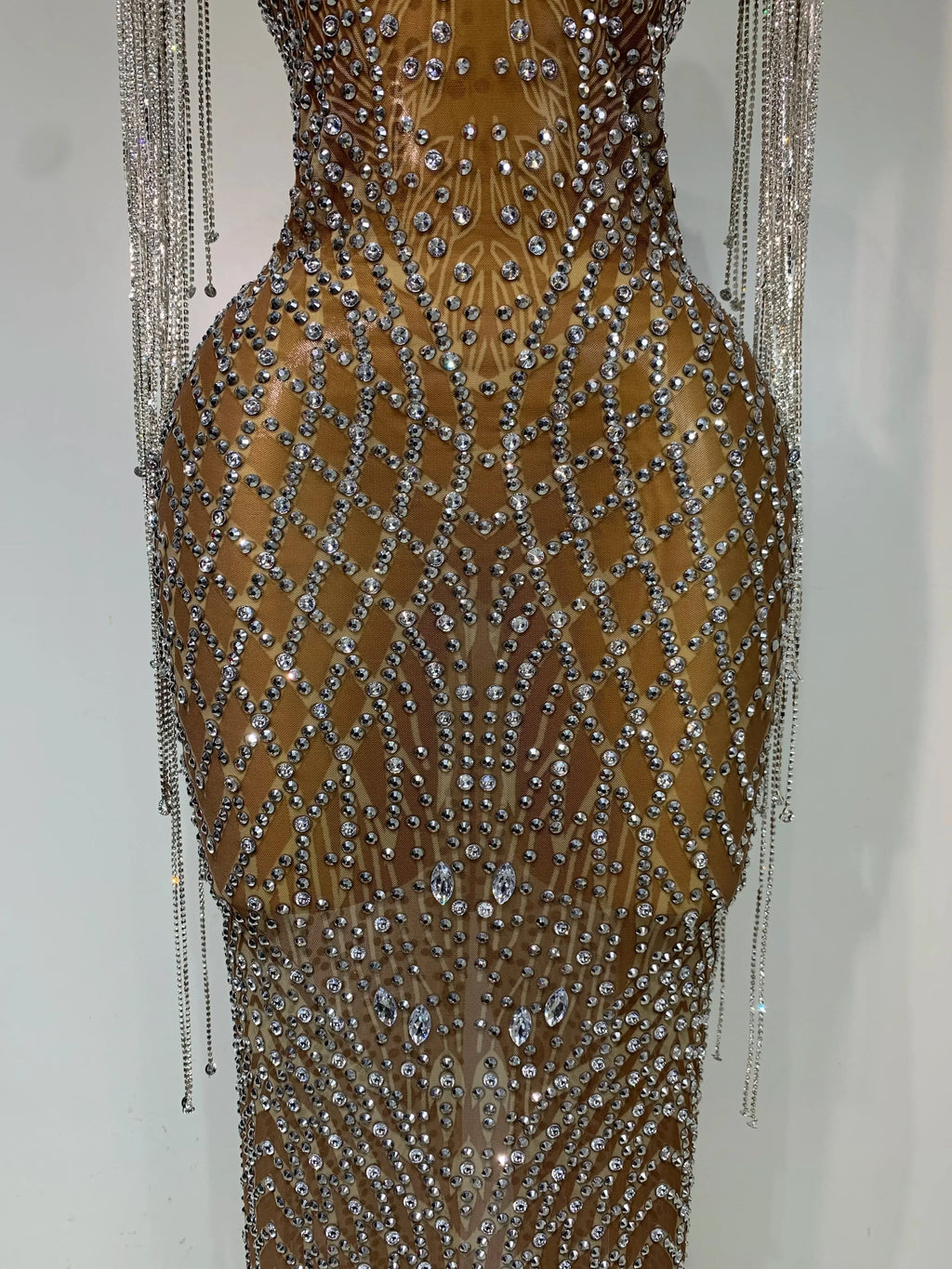 Bedford Luxury Sparkly Rhinestones Tassel Transparent Mesh Stretch Long Dress