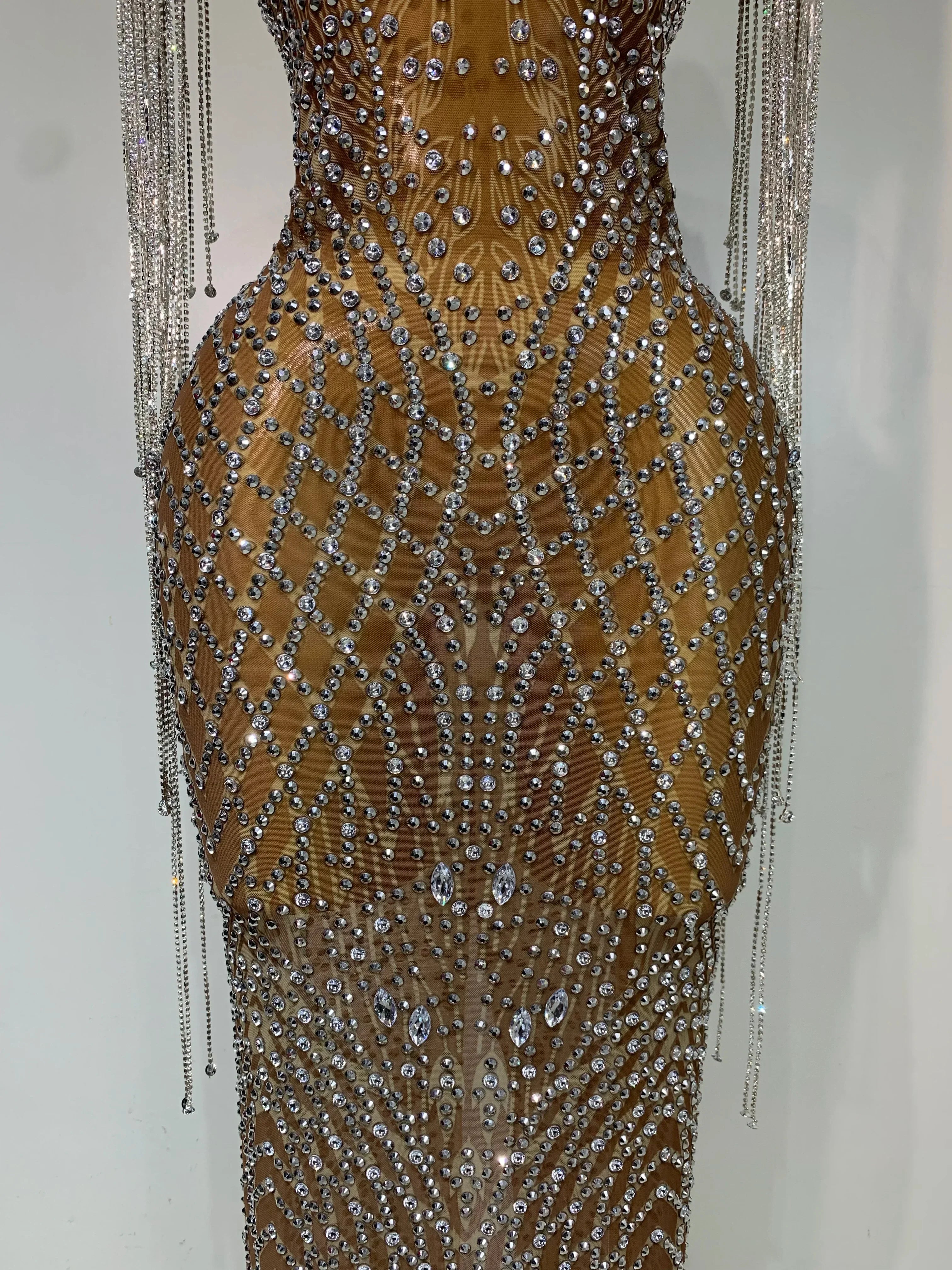 Bedford Luxury Sparkly Rhinestones Tassel Transparent Mesh Stretch Long Dress