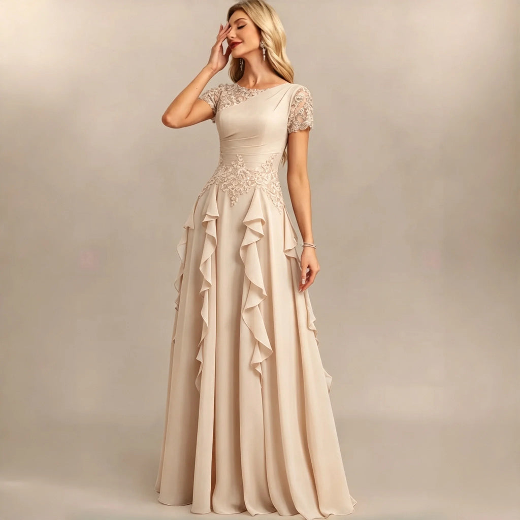Dumbo Asymmetrical Neck Chiffon Bridesmaid Lace Sleeve Ruched Waist Cascading Dress