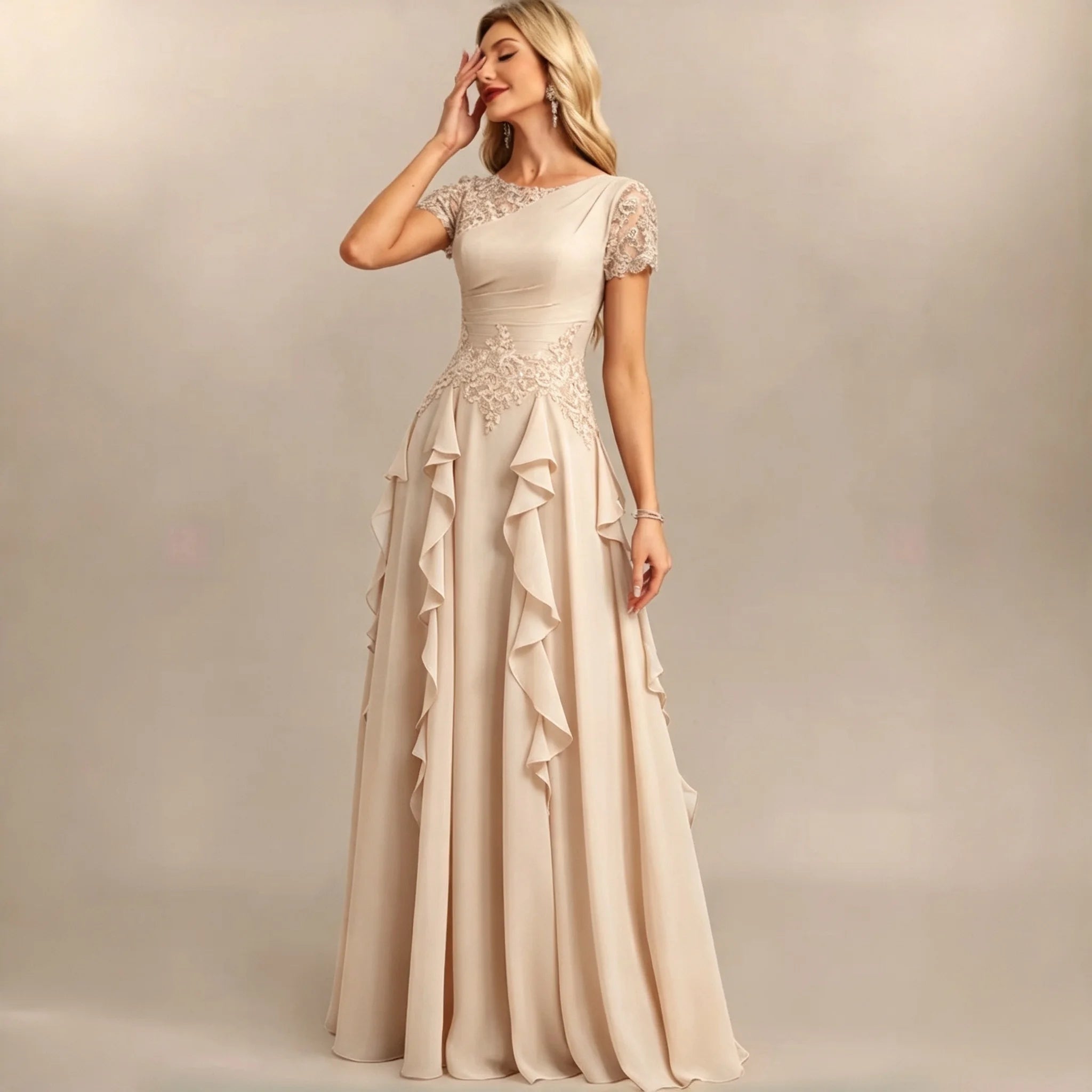 Dumbo Asymmetrical Neck Chiffon Bridesmaid Lace Sleeve Ruched Waist Cascading Dress