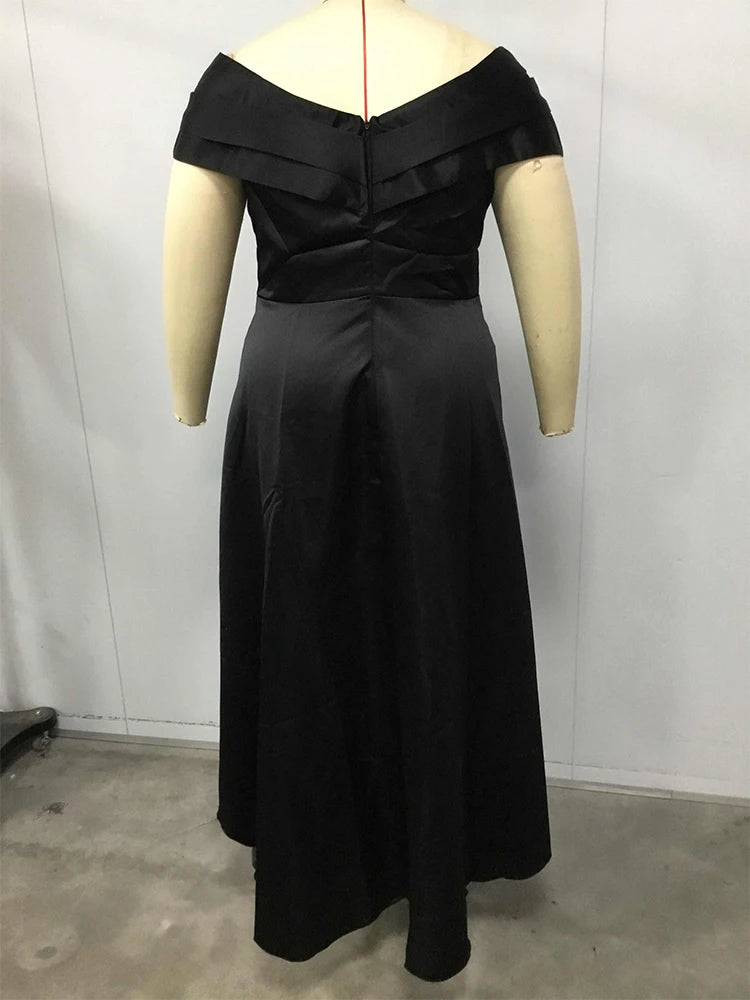 Noho Satin Off Shoulder Aysmmetry Hem Elegant Casual Short Sleeve Cocktail Maxi Dress