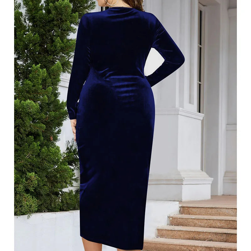 Asbury Park Elegant Velvet Plus Size Bodycon Sexy Wrapped V-Neck Long Sleeve Midi Dress