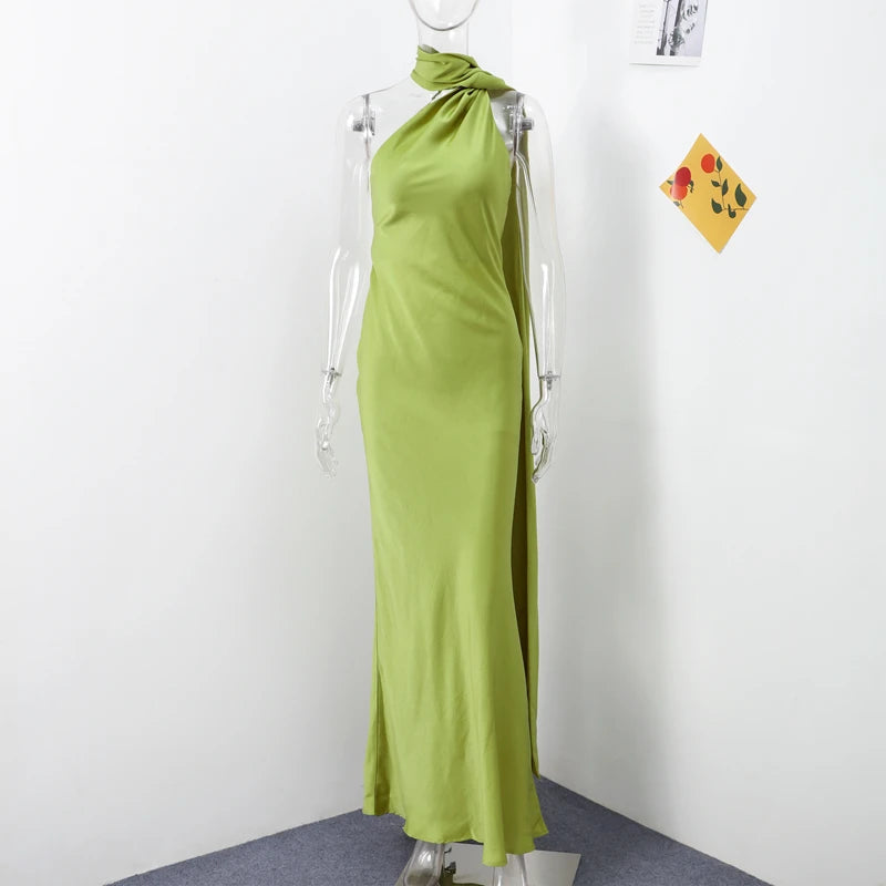 Califon Sexy Satin Ribbon Party Elegant Halter Backless Off Shoulder Sleeveless Maxi Dress