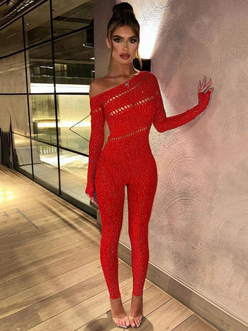Rye Off Shoulder Long Sleeve Rhinestones High Stretch Hollow Out Sexy Jumpsuits