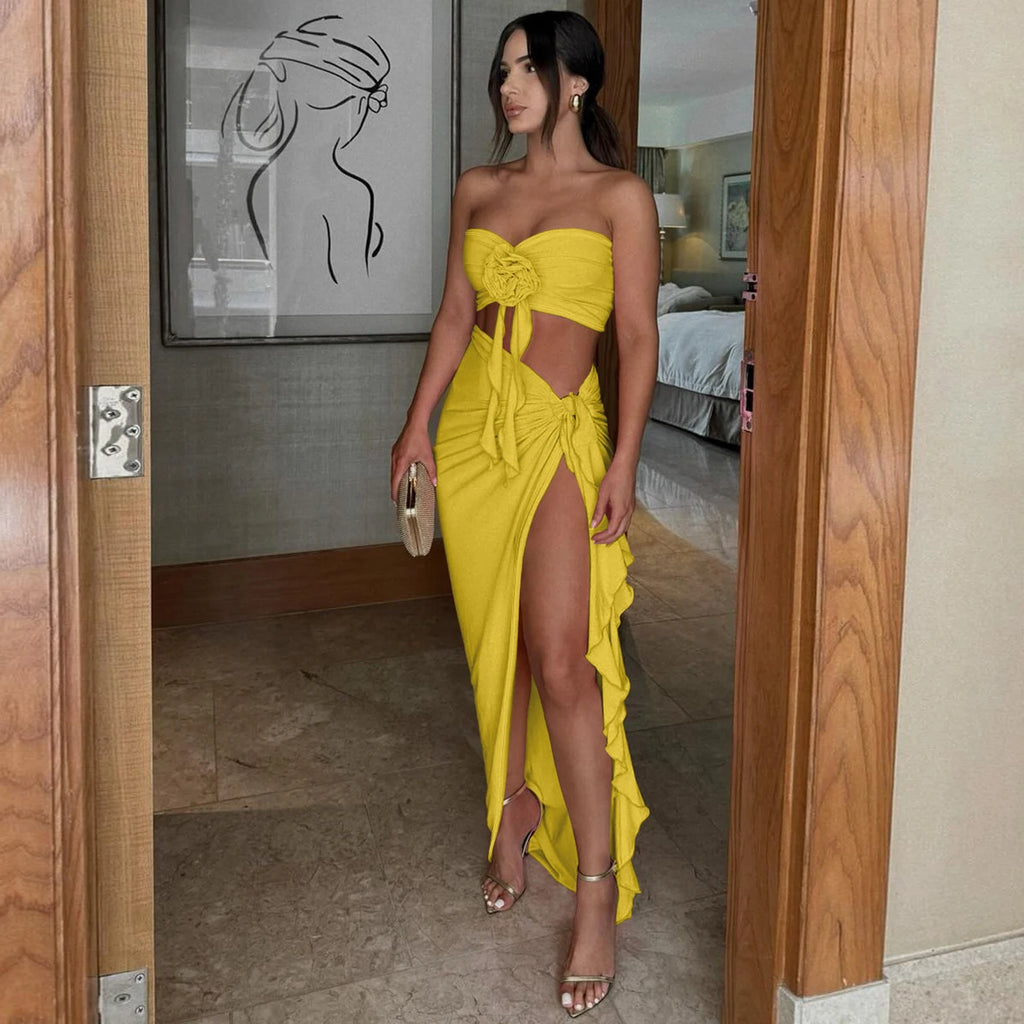 Ogdensburg Strapless Tie Flower Draped Sexy Crop Tank Slit Tassel Set