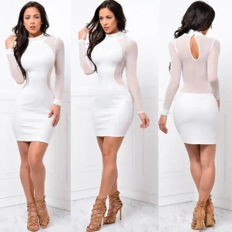 London Casual Long Sleeve O Neck Backless Sexy Lace See Though Mini Dress