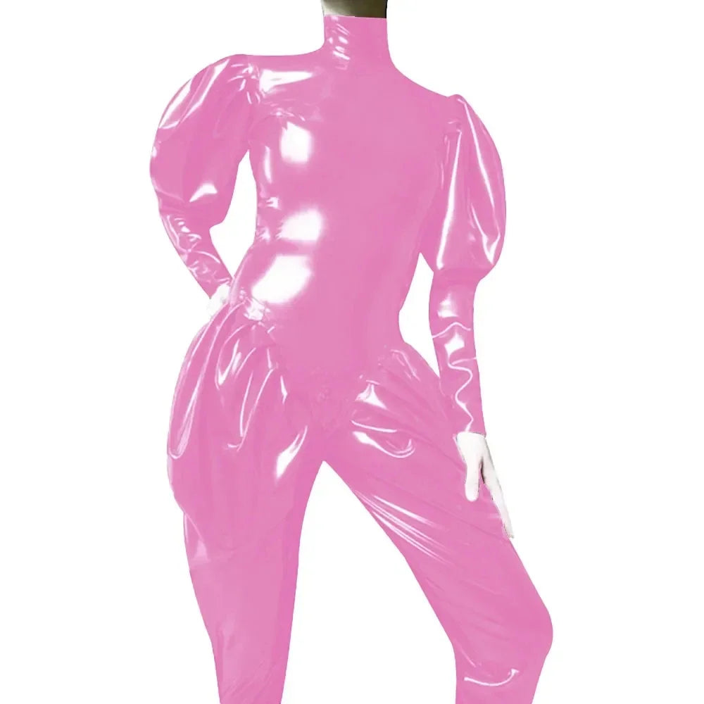Sleeves Jumpsuit Sexy Zipper Open Crotch Catsuit Party High Neck Wetlook Rompers Female
