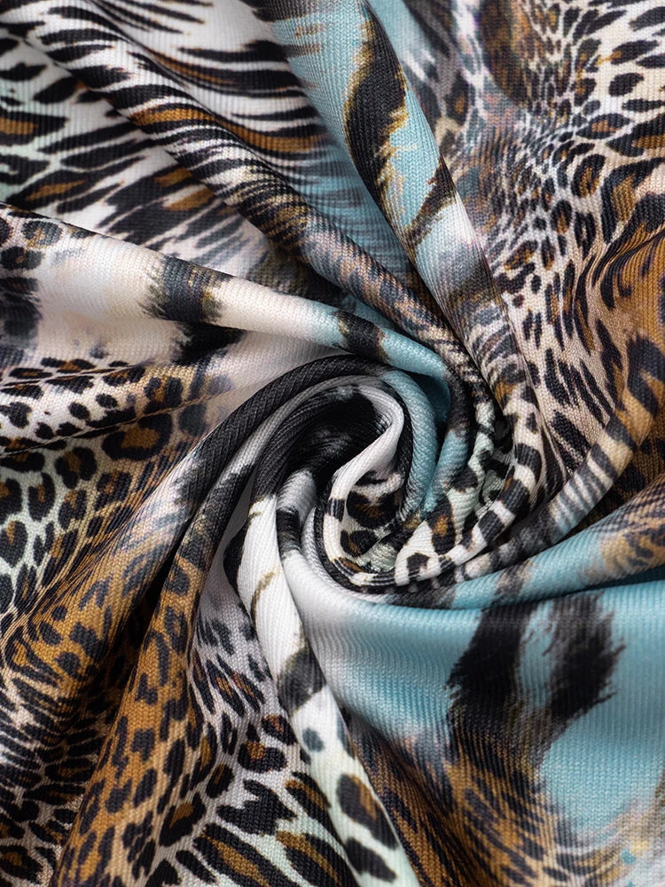 Chinatown Swing Collar Shirring Bell Sleeve Backless Sexy Stretch Leopard Print Suit