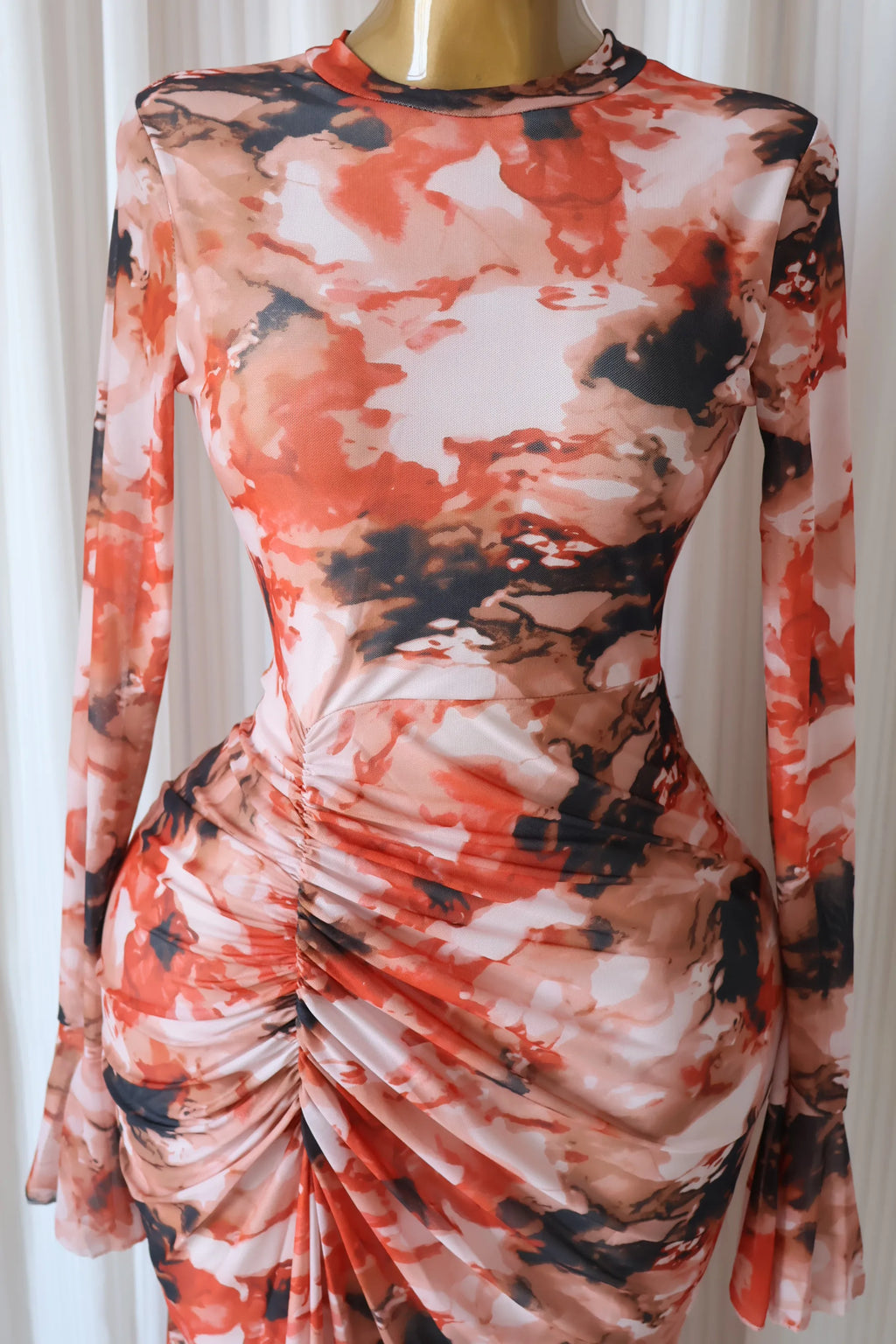 Hackensack Tie Dye Print O-neck Ruched Bodycon Long Maxi Dress