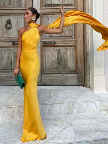 Meadville Elegant Ribbon Halter Solid Off Shoulder Sleeveless Backless Slim Maxi Dress
