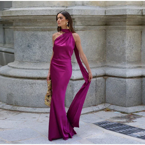 Meadville Elegant Ribbon Halter Solid Off Shoulder Sleeveless Backless Slim Maxi Dress