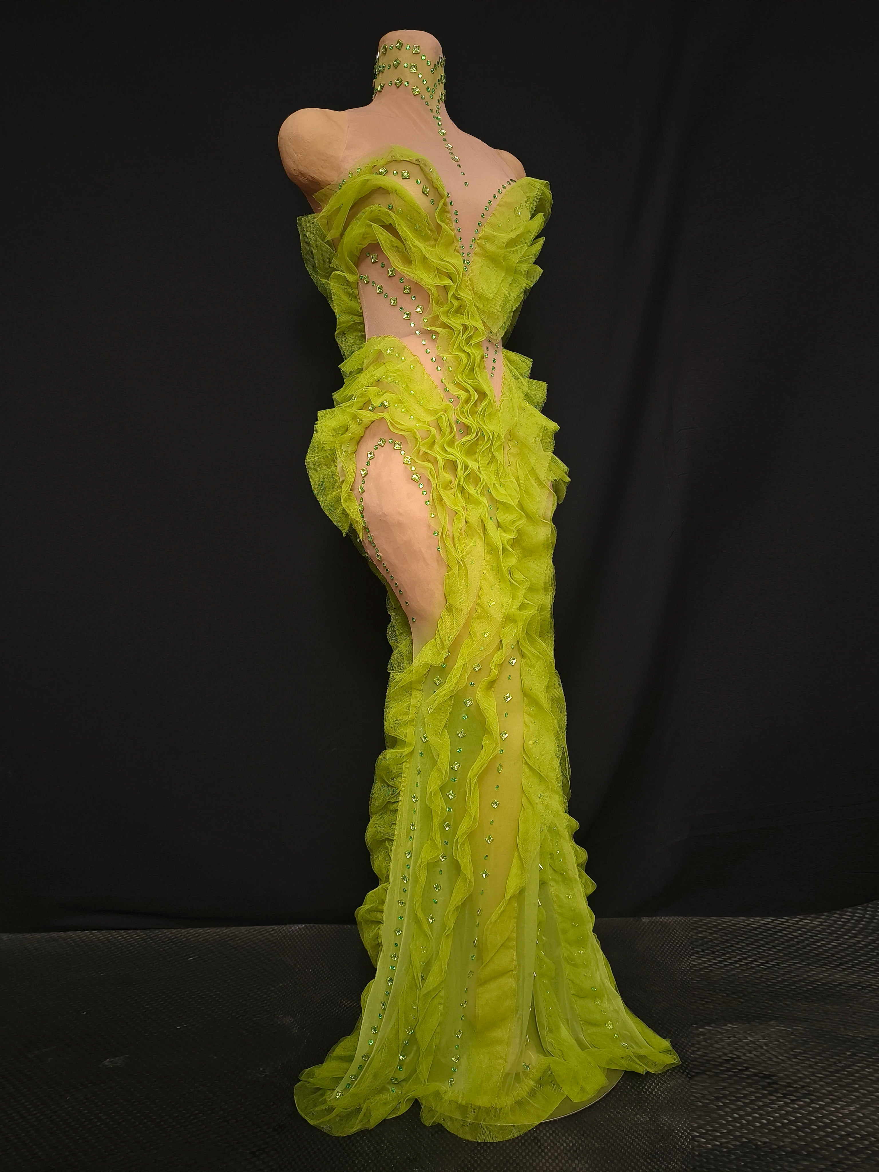 Middlesex Elegant Sparkly Green Rhinestones Mesh Sheer Ruffle Maxi Dress