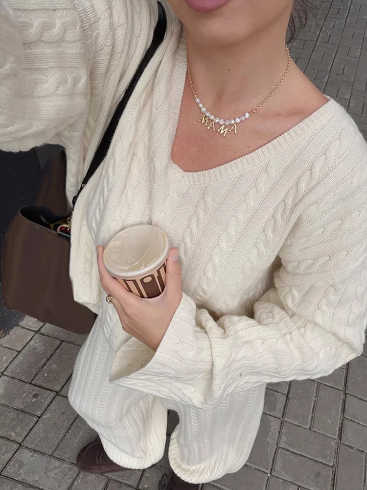 Pamela V Neck Cable Knit Wide Leg Two Piece Sets