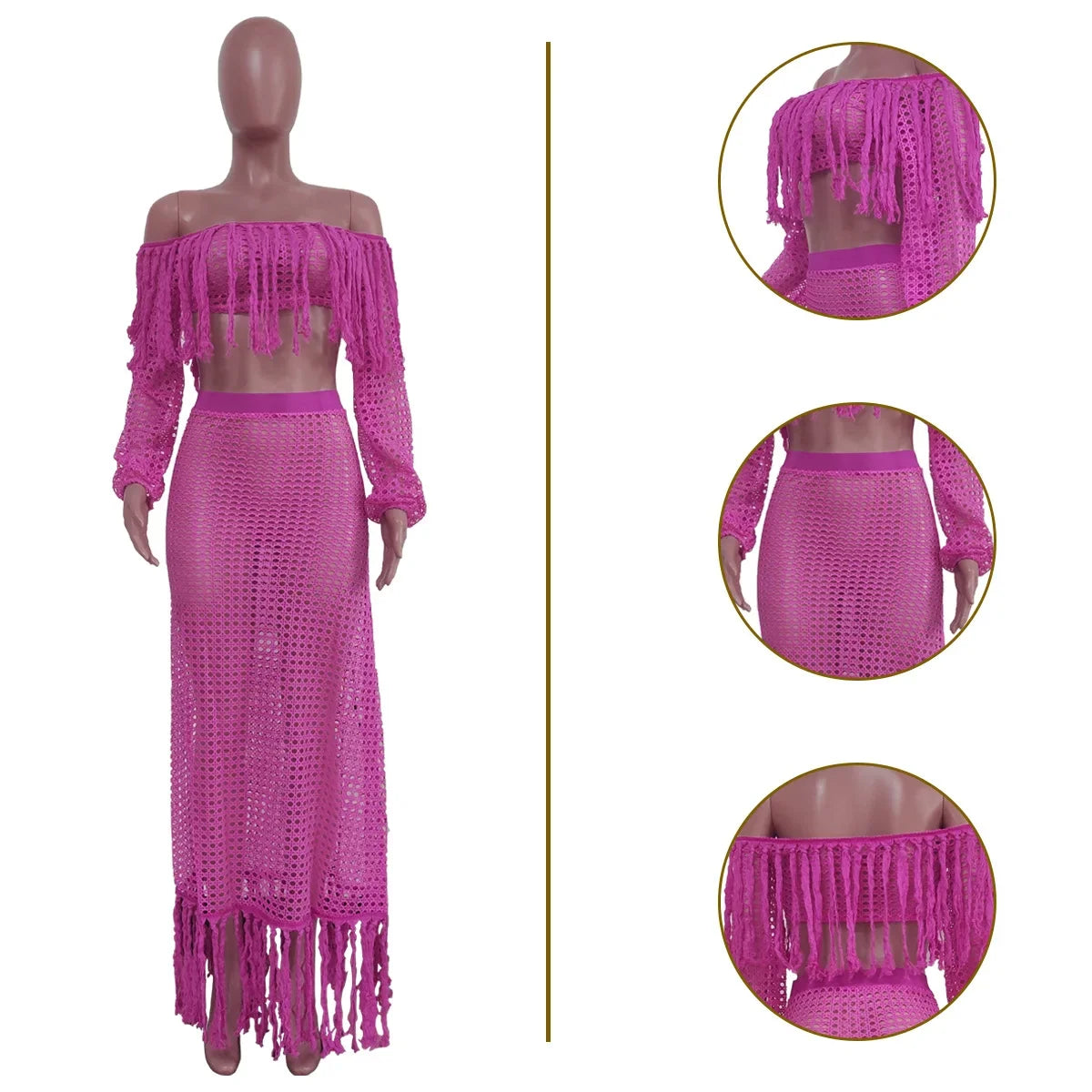 Off Shoulder Tassel Hollow Out Beach Set