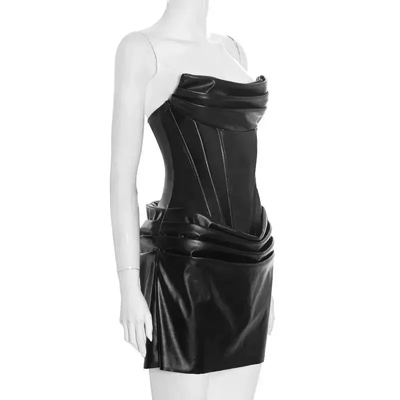 Ronkonkoma PU Pleated Sleeveless Strapless Pleated Party Dress