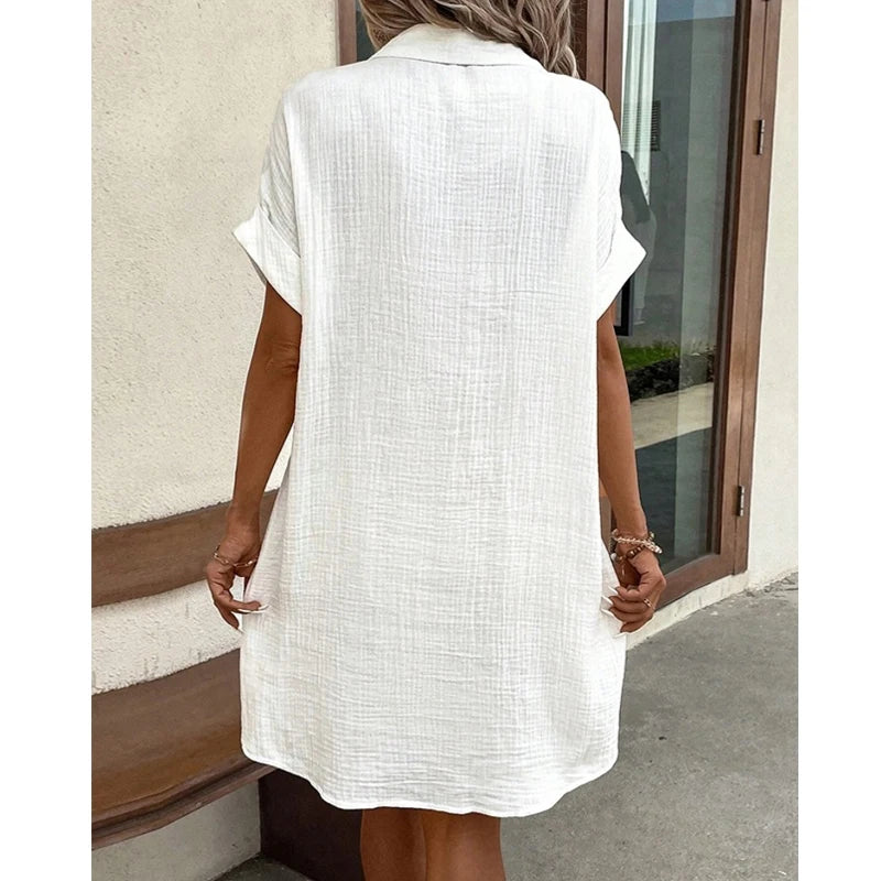 John Beach Solid Fashion V-neck Three Quater Sleeve Cotton Linen Dress