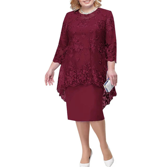 Jackson Plus Size Evening Gown Fashion Solid Color Round Neck High Waist Lace Embroidery Dress