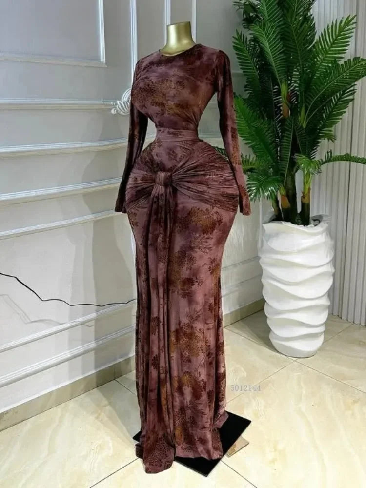 Beattystown Elegant Tie Dye Printed Skew Neck Flare Long Sleeve Ruched Maxi Dress